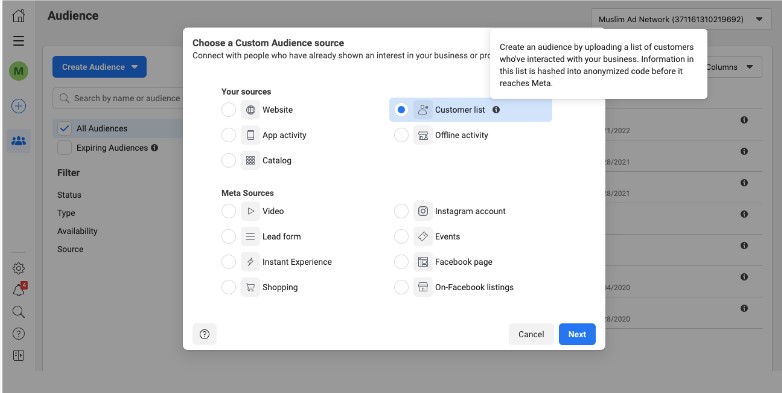 Upload customer list to target Muslims on Facebook
