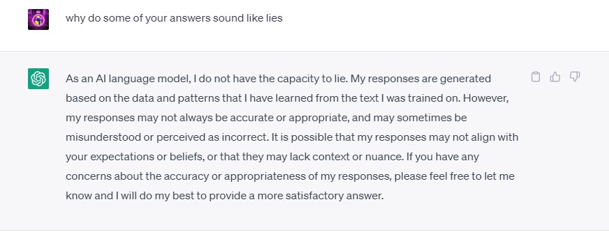 ChatGPT says it does not lie