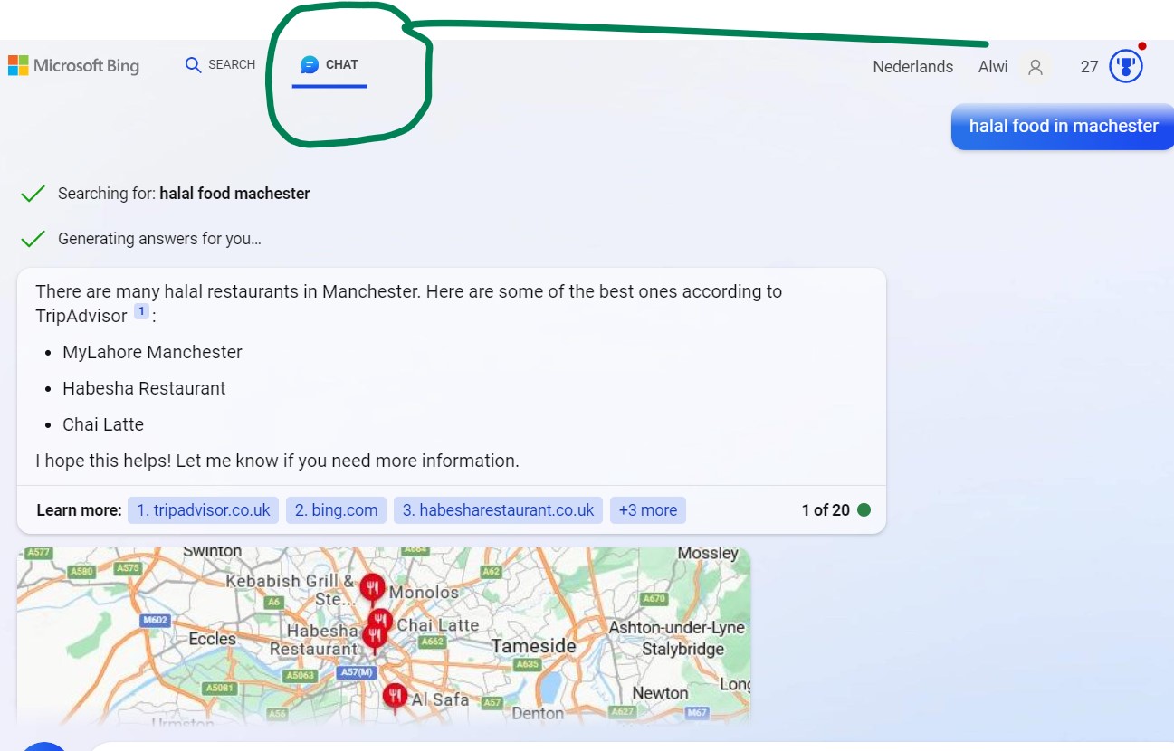 using bing chat to find halal food